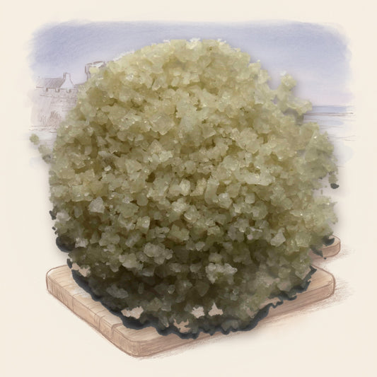 Grey Sea Salt, Fine spice, shown over a chalk-and-watercolour illustration