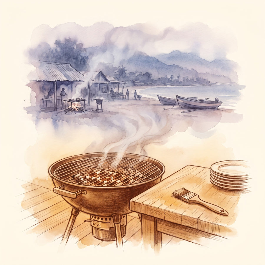 Illustration: Grill Seasoning Set: BBQ, Texas BBQ, Jerk & Smoked Salt, a grill on the deck, with a Jamaican beach jerk centre beyond