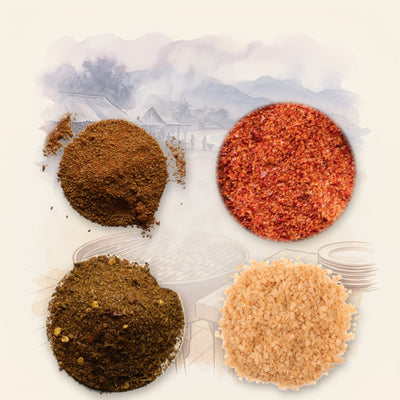 Grill Seasoning Set: BBQ, Texas BBQ, Jerk & Smoked Salt: BBQ Seasoning, Texas BBQ, Jamaican Jerk and Hickory Smoked Sea Salt, shown over a chalk-and-watercolour illustration