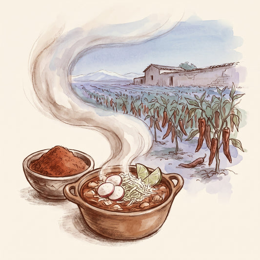 Illustration: Guajillo Chili Powder with the high dry plains of Zacatecas in autumn
