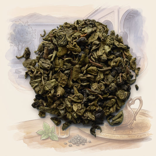 Gunpowder, Organic loose leaf tea, shown over a chalk-and-watercolour illustration