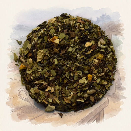 The Hangover, Organic loose leaf tea, shown over a chalk-and-watercolour illustration