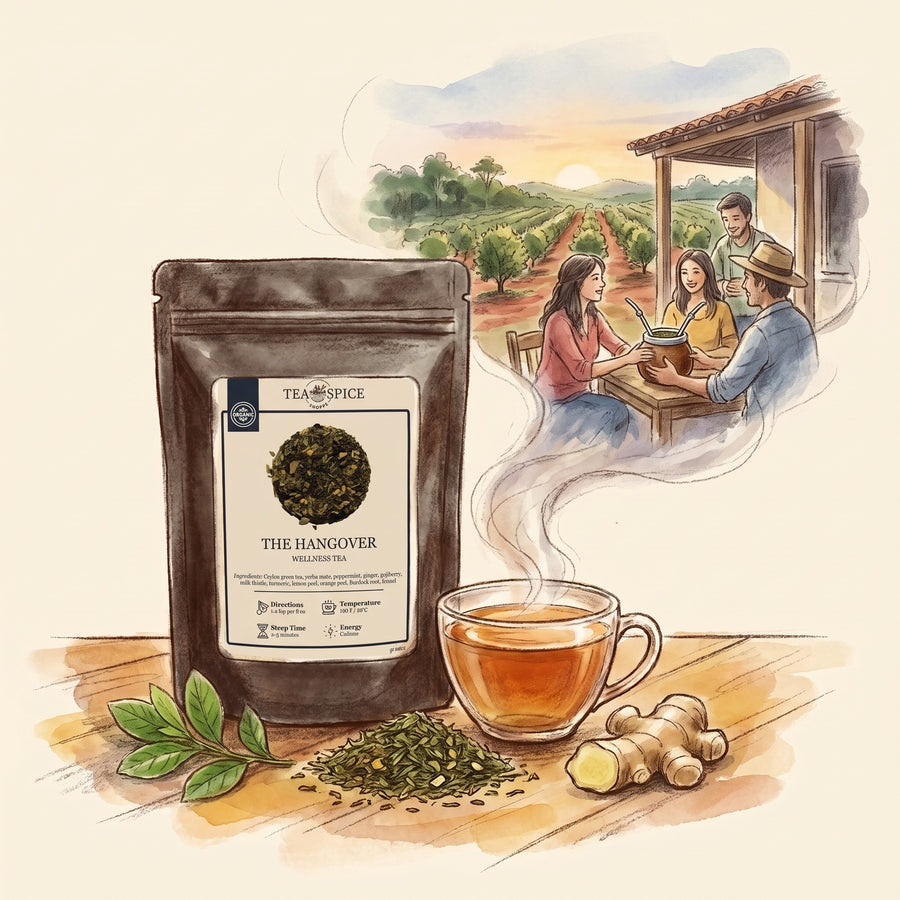 Illustration of The Hangover, Organic in The Tea & Spice Shoppe pouch, with a farmhouse veranda in Misiones, Argentina, at dawn