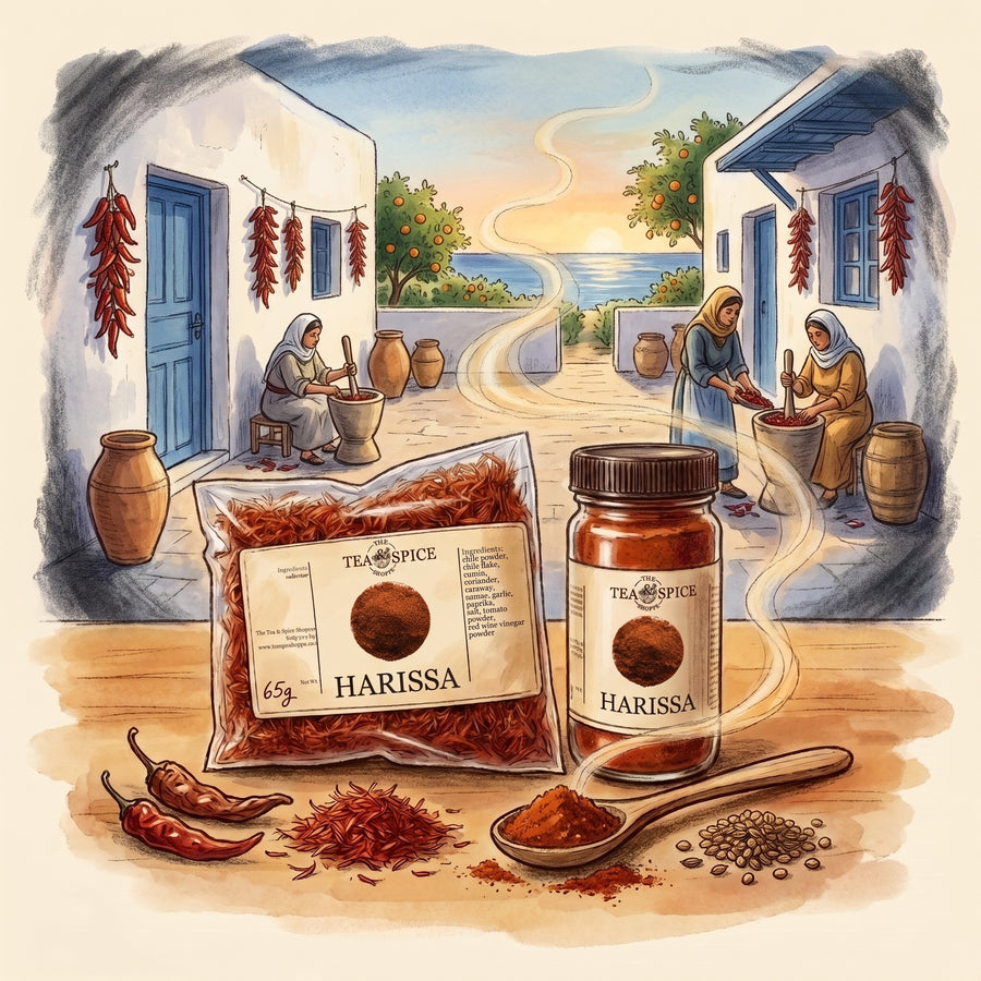 Illustration of Harissa in The Tea & Spice Shoppe bag and jar, with a courtyard in Nabeul on Tunisia's Cap Bon peninsula in late summer