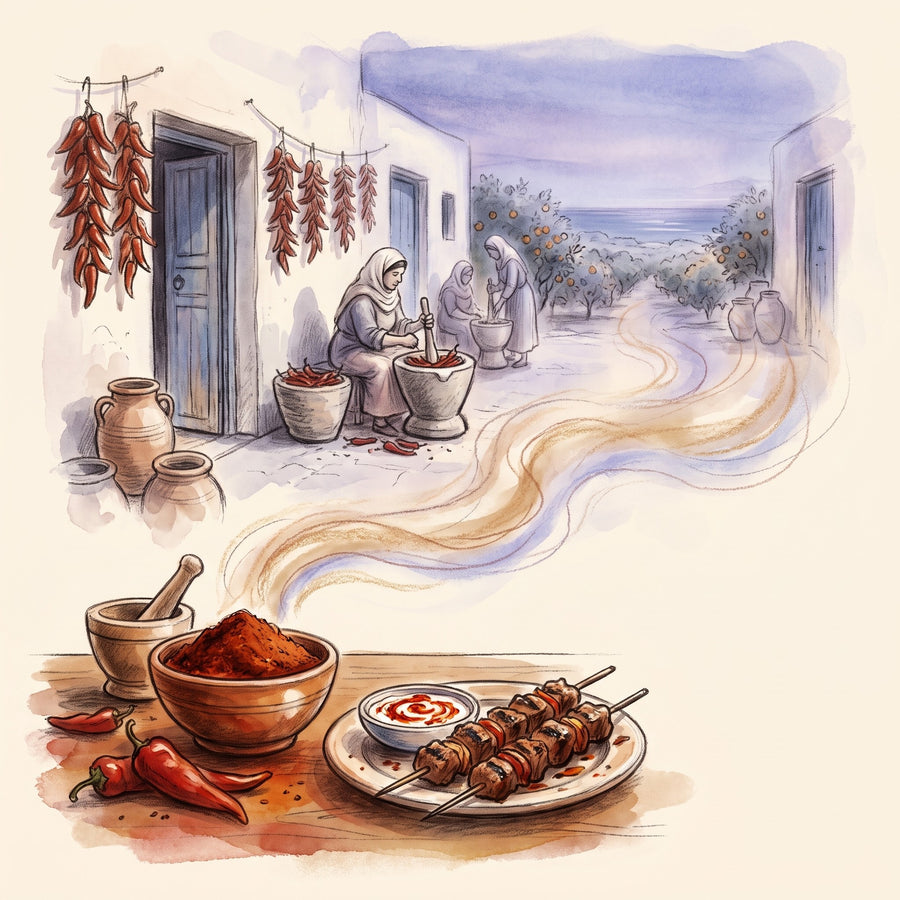 Illustration: Harissa with a courtyard in Nabeul on Tunisia's Cap Bon peninsula in late summer