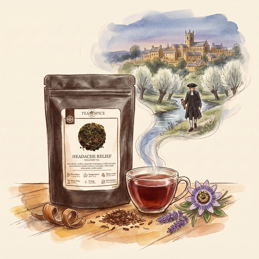 Illustration of Headache Relief in The Tea & Spice Shoppe pouch, with Oxfordshire in the 1760s