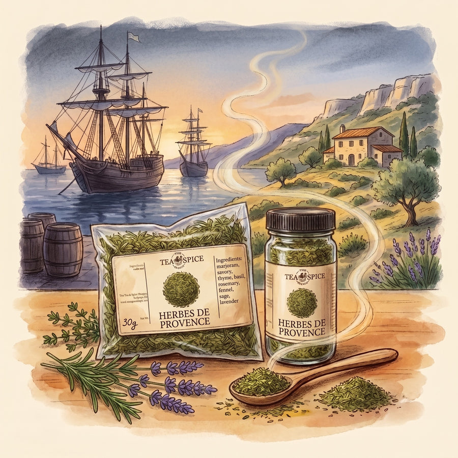 Illustration of Herbes de Provence in The Tea & Spice Shoppe bag and jar, with the hills of Provence in summer