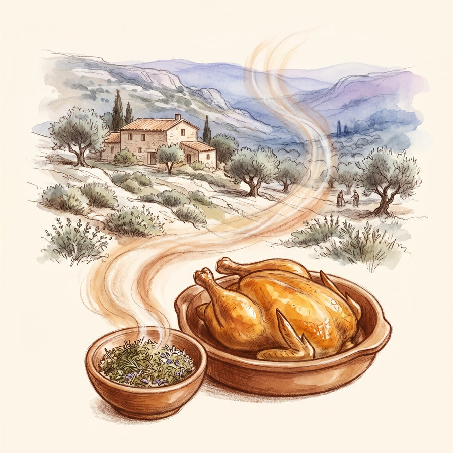 Illustration: Herbes de Provence with the hills of Provence in summer