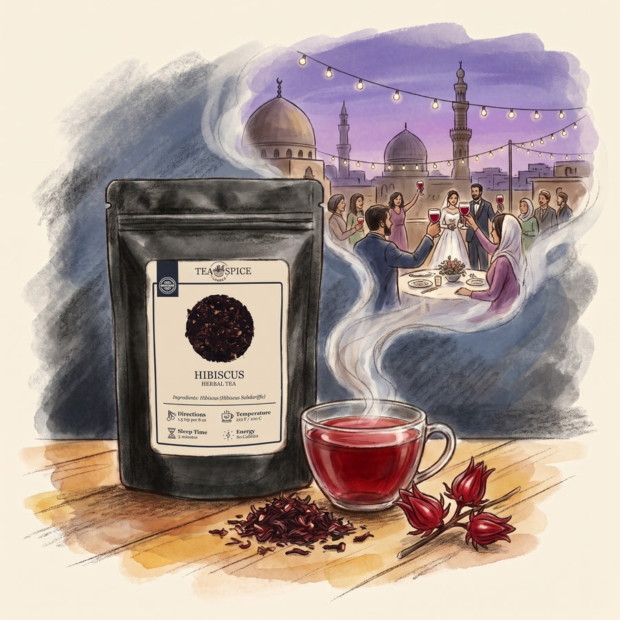 Illustration of Hibiscus, Organic in The Tea & Spice Shoppe pouch, with a wedding in Cairo at dusk