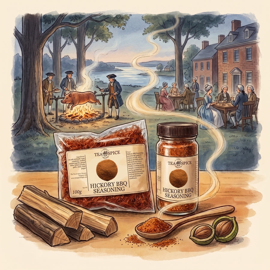 Illustration of Hickory BBQ Seasoning in The Tea & Spice Shoppe bag and jar, with Virginia in 1769