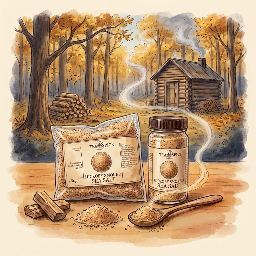 Illustration of Hickory Smoked Sea Salt in The Tea & Spice Shoppe bag and jar, with Hickory country in the American South long ago