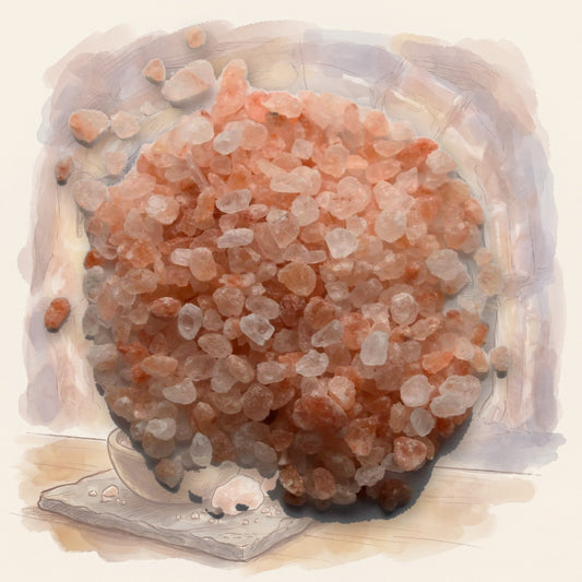 Himalayan Sea Salt, Coarse spice, shown over a chalk-and-watercolour illustration