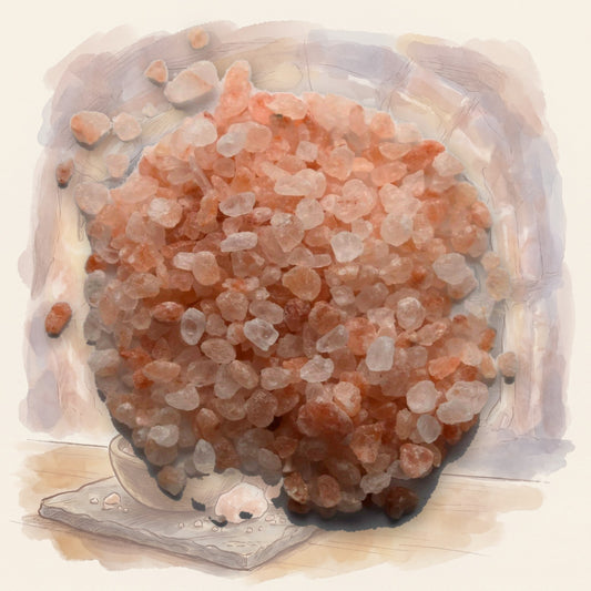 Himalayan Sea Salt, Coarse spice, shown over a chalk-and-watercolour illustration