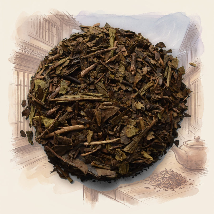 Haru's Hōjicha, Organic loose leaf tea, shown over a chalk-and-watercolour illustration