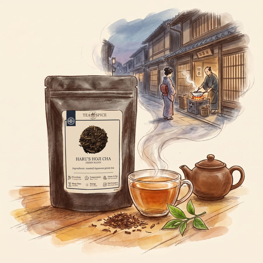 Illustration of Haru's Hōjicha, Organic in The Tea & Spice Shoppe pouch, with a Kyoto street at dusk in the 1920s