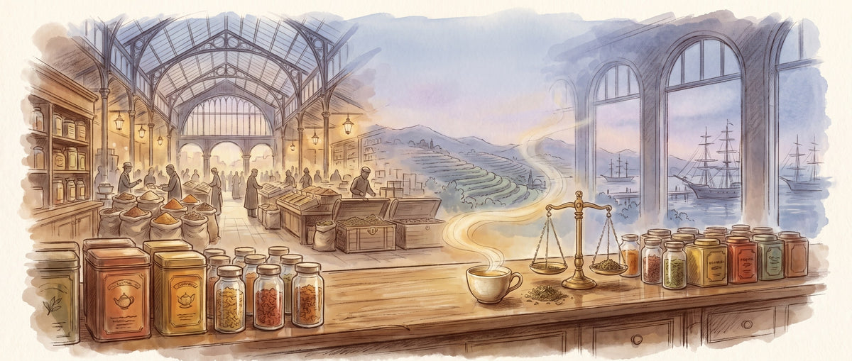 Chalk and watercolour drawing: an old shop counter of tea tins and spice jars with a steaming cup and a brass scale, opening onto a market hall, tea hills and tall ships