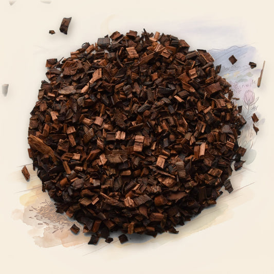 Honeybush, Organic loose leaf tea, shown over a chalk-and-watercolour illustration