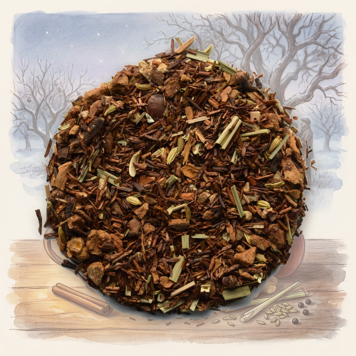 Hot Apple Cider, Organic loose leaf tea, shown over a chalk-and-watercolour illustration
