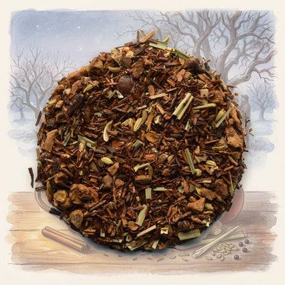 Hot Apple Cider, Organic loose leaf tea, shown over a chalk-and-watercolour illustration