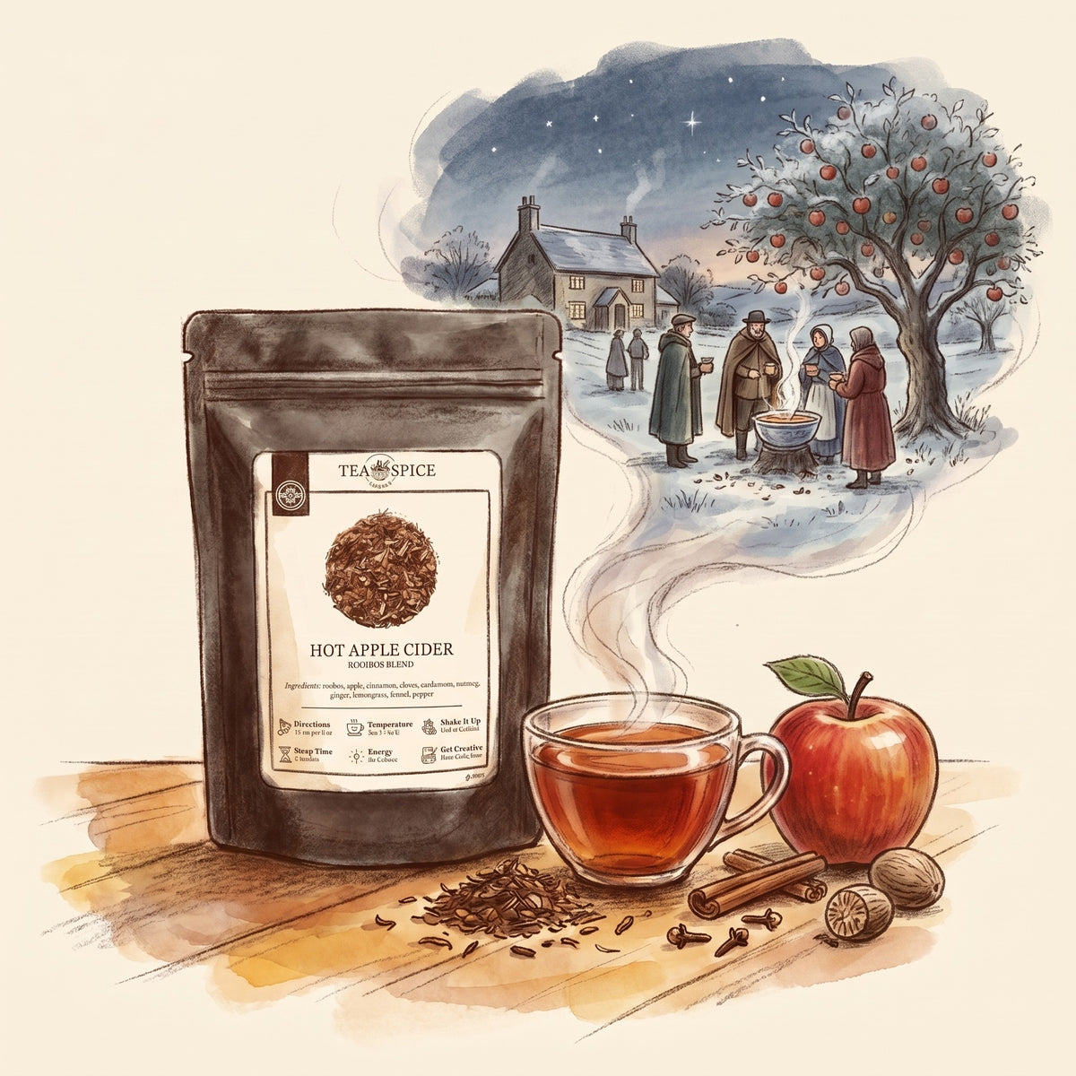 Illustration of Hot Apple Cider, Organic in The Tea & Spice Shoppe pouch, with an English apple orchard on Twelfth Night long ago