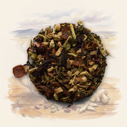 Immune Boost, Organic loose leaf tea, shown over a chalk-and-watercolour illustration