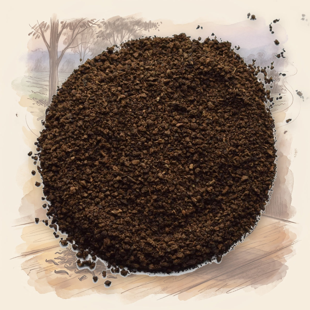 Irish Breakfast Decaf loose leaf tea, shown over a chalk-and-watercolour illustration