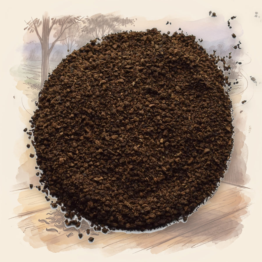 Irish Breakfast Decaf loose leaf tea, shown over a chalk-and-watercolour illustration