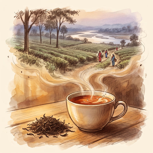 Illustration: Irish Breakfast Decaf with Assam's Brahmaputra valley at dusk