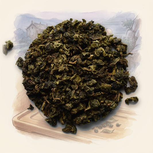 Iron Goddess Of Mercy Oolong, Organic loose leaf tea, shown over a chalk-and-watercolour illustration
