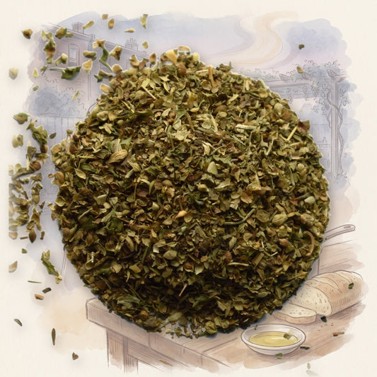 Italian Herb Blend spice, shown over a chalk-and-watercolour illustration