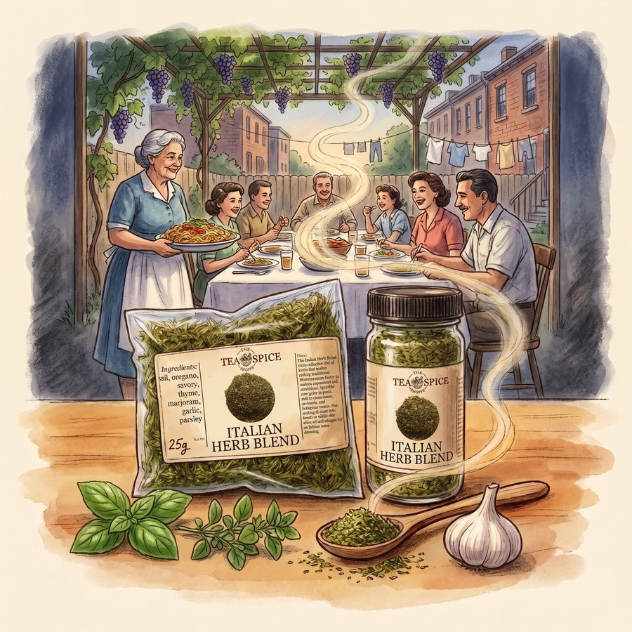 Illustration of Italian Herb Blend in The Tea & Spice Shoppe bag and jar, with an Italian-American family's Sunday dinner in the 1950s