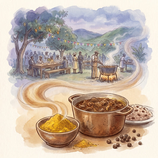 Illustration: Jamaican Curry Powder with an old-time Jamaican country wedding