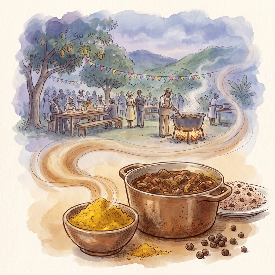 Illustration: Jamaican Curry Powder with an old-time Jamaican country wedding