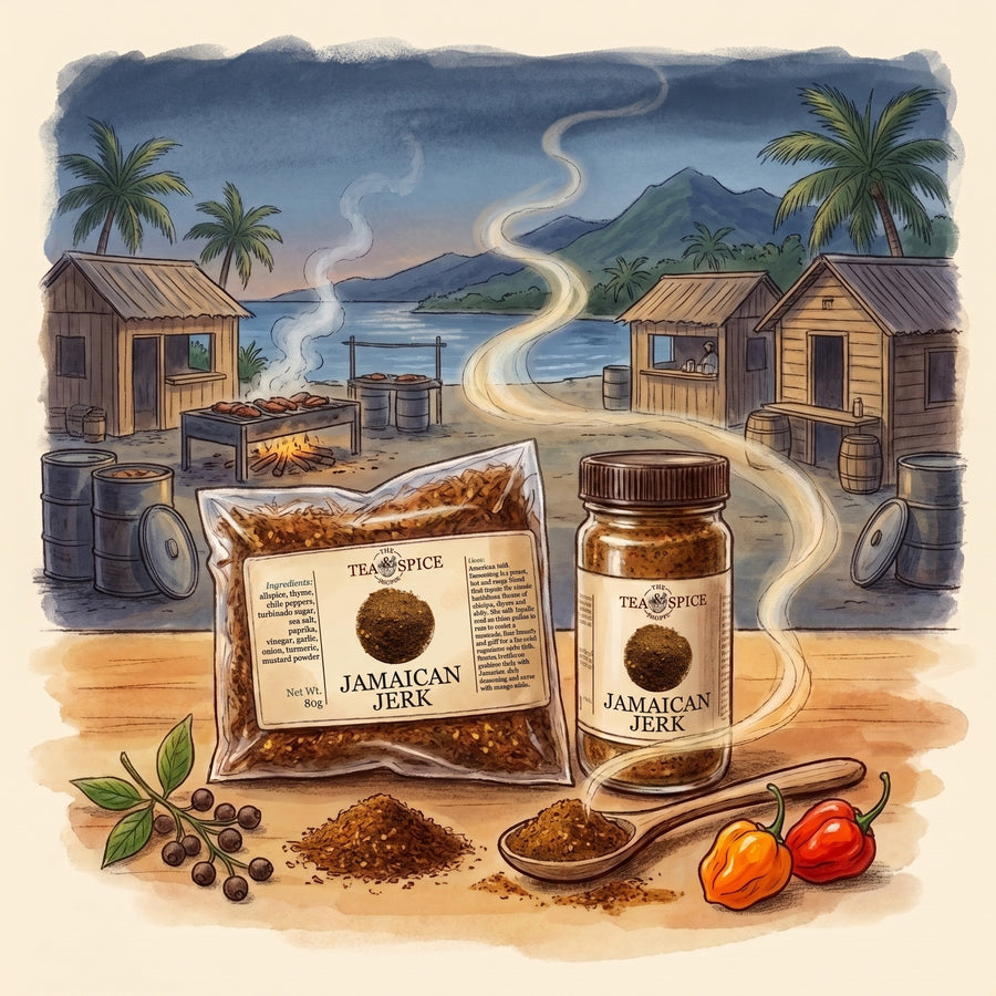 Illustration of Jamaican Jerk in The Tea & Spice Shoppe bag and jar, with Boston Bay in Portland, Jamaica