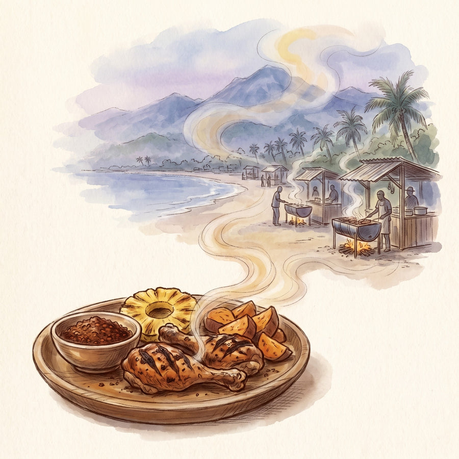 Illustration: Jamaican Jerk with Boston Bay in Portland, Jamaica