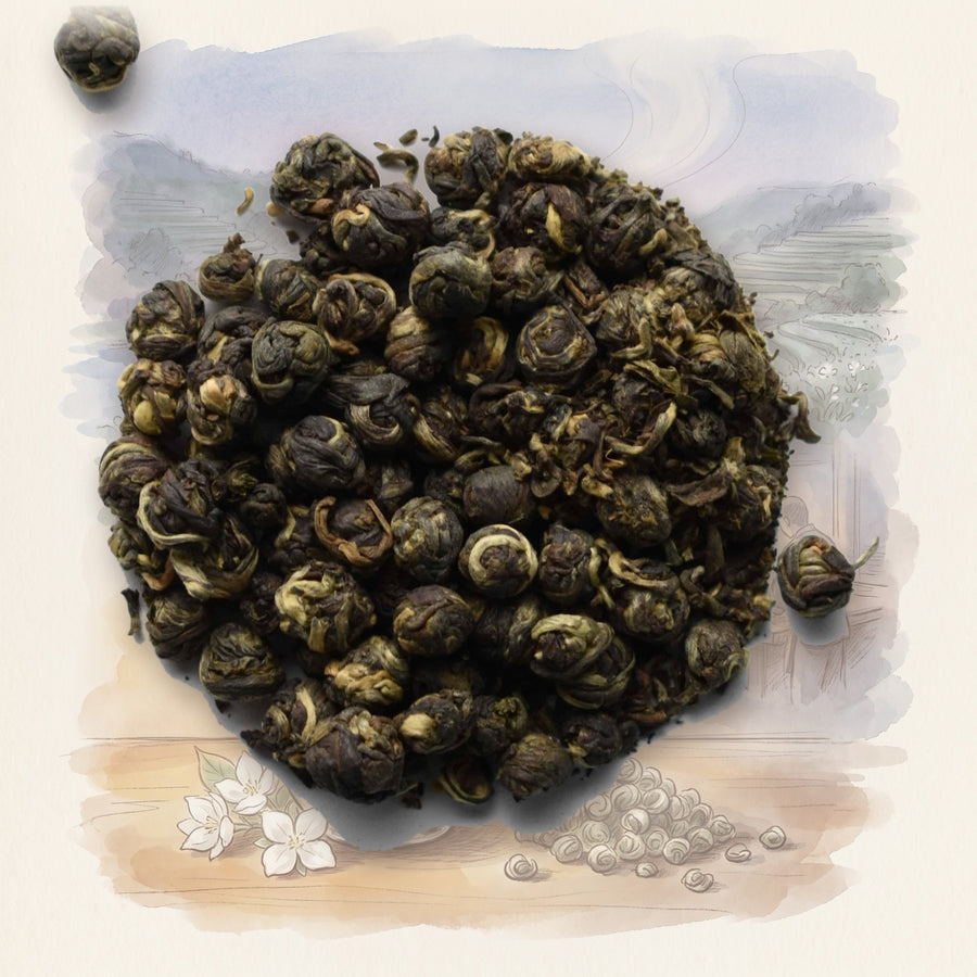 Jasmine Dragon Pearls, Organic loose leaf tea, shown over a chalk-and-watercolour illustration