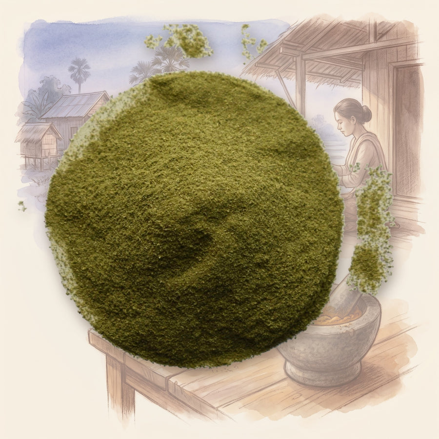 Kaffir Lime Leaf, Ground spice, shown over a chalk-and-watercolour illustration