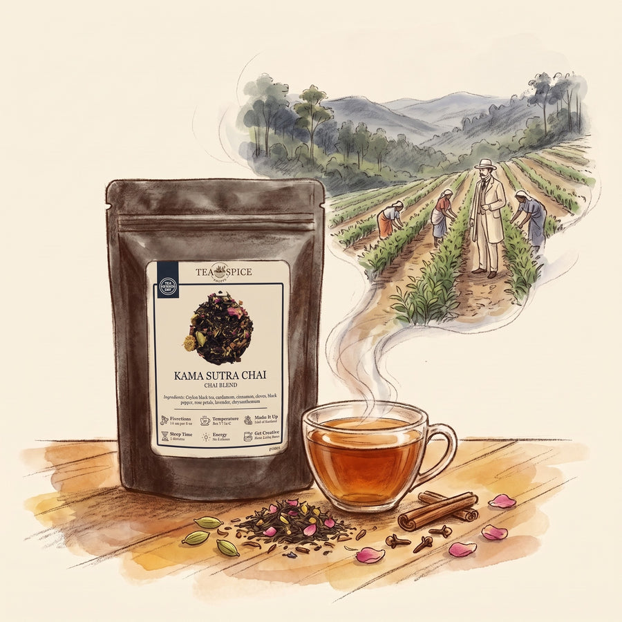 Illustration of Kama Sutra Chai, Organic in The Tea & Spice Shoppe pouch, with Sri Lanka's hill country near Kandy in 1867
