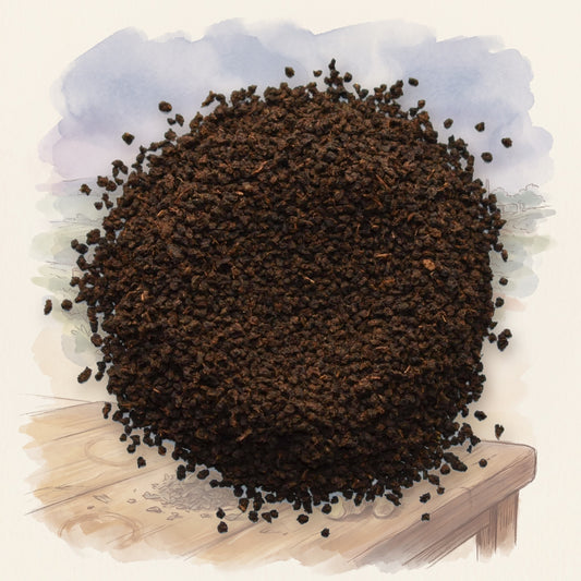 Kambaa Estate loose leaf tea, shown over a chalk-and-watercolour illustration