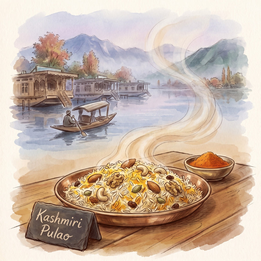 Illustration: Kashmiri Pulao, made with Kashmiri Saffron Curry
