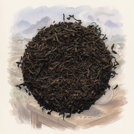 Keemun Estate loose leaf tea, shown over a chalk-and-watercolour illustration