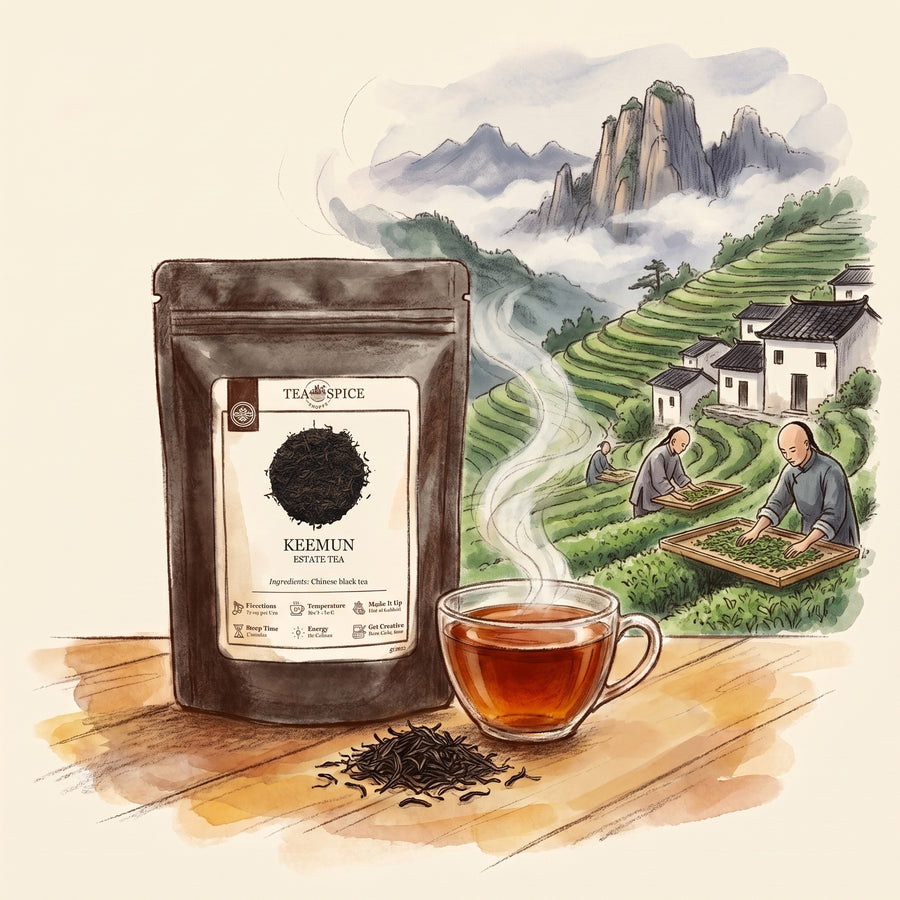 Illustration of Keemun Estate in The Tea & Spice Shoppe pouch, with Qimen County in the hills of southern Anhui in 1875