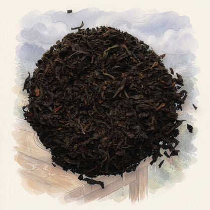 Kenilworth Ceylon loose leaf tea, shown over a chalk-and-watercolour illustration