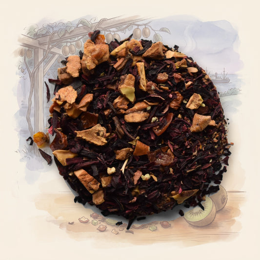 Kiwi's Big Adventure loose leaf tea, shown over a chalk-and-watercolour illustration