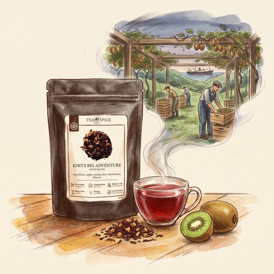 Illustration of Kiwi's Big Adventure in The Tea & Spice Shoppe pouch, with a New Zealand orchard in 1959