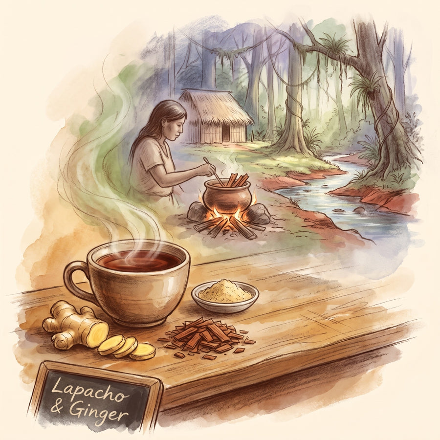 Illustration: a cup of Lapacho tea with fresh and ground ginger
