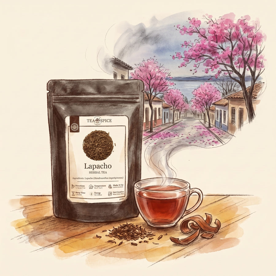 Illustration of Lapacho in The Tea & Spice Shoppe pouch, with Asunción, Paraguay, at the end of winter