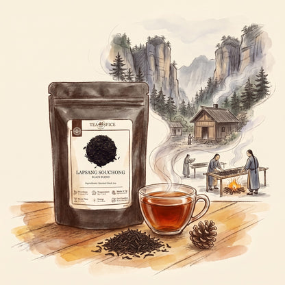 Illustration of Lapsang Souchong, Organic in The Tea & Spice Shoppe pouch, with the Wuyi Mountains of northern Fujian in the Qing dynasty
