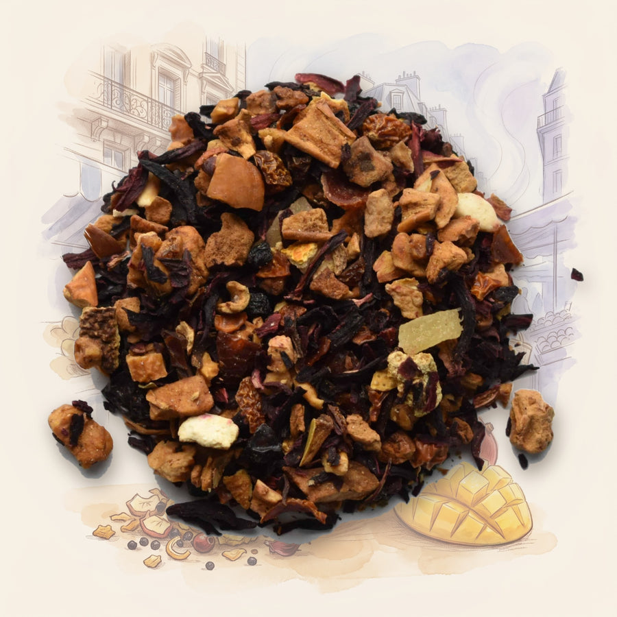 The Last Mango In Paris loose leaf tea, shown over a chalk-and-watercolour illustration