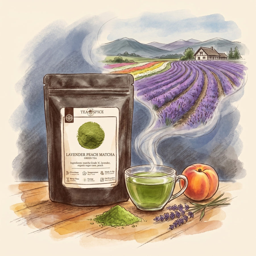 Illustration of Lavender Peach Matcha, in The Tea & Spice Shoppe pouch, with Furano, Hokkaido, in early July